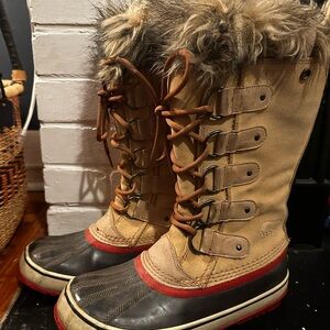 Sorel Tan and Black Winter Boots with Red Accents